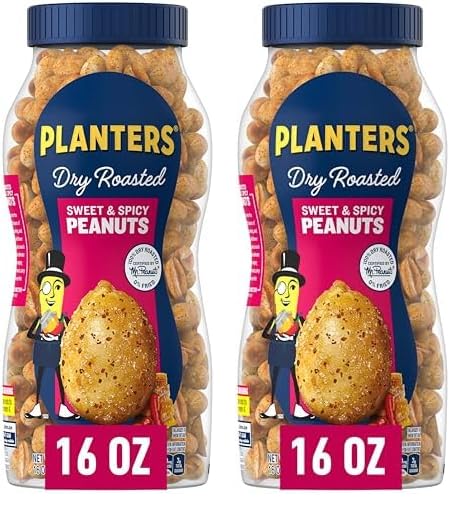 PLANTERS Sweet and Spicy Peanuts, Party Snacks, Plant-Based Protein, After School Snack, Quick Snacks for Adults, Sweet and Salty Snack Nuts, Pantry Staple, Honey Roasted Peanut, Kosher, 16oz Jar