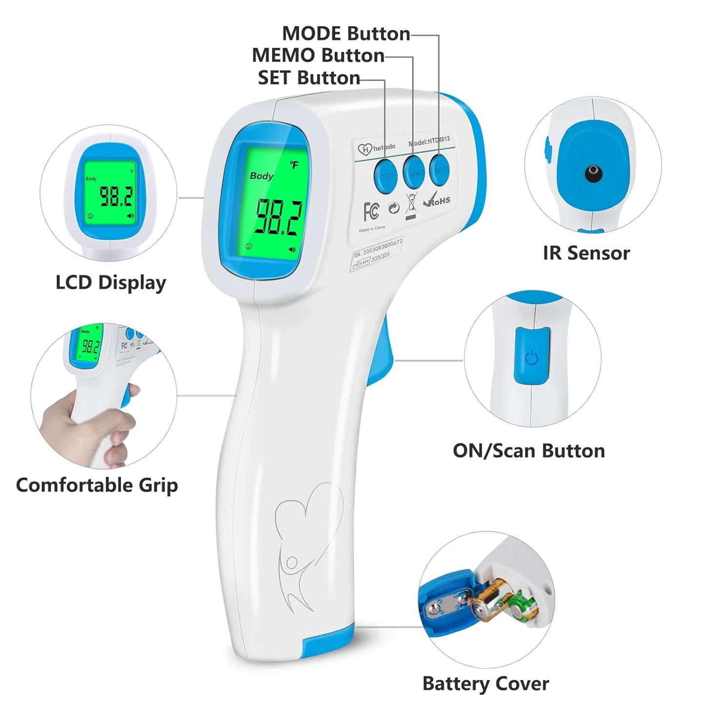 Digital Thermometer for Adults and Kids, No Touch Forehead Thermometer for Baby, 2 in 1 Body Surface Mode Infrared Thermometer with Fever Alarm and Instant...