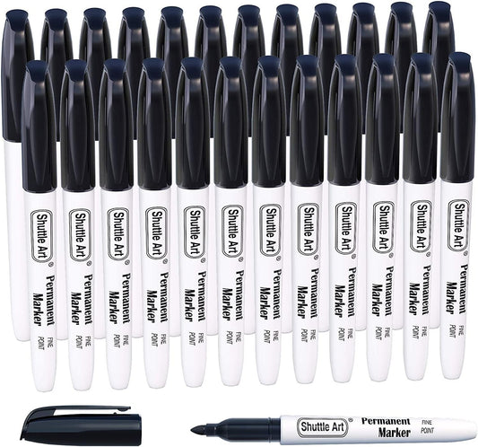 Shuttle Art Permanent Markers, 24 Pack Black Permanent Marker set,Fine Point, Works on Plastic,Wood,Stone,Metal and Glass for Doodling, Marking