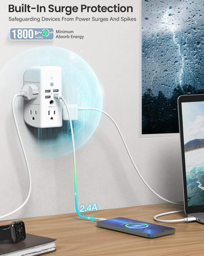 Wall Outlet Extender with Shelf and Night Light,Surge Protector,USB Wall Charger with 5 AC Outlets and 3 USB Ports 1 USB C Outlet Wide Space 3-Sided Power...