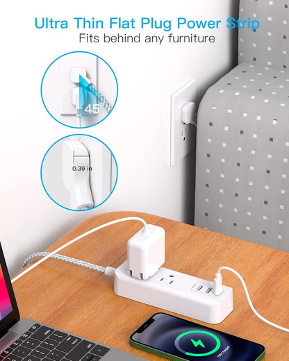 Cruise Essentials, USB C Travel Power Strip, Flat Plug Power Strip with 2 Outlets 3 USB Ports (1 USB C), 5ft Extension Cord Charging Station, Non Surge...