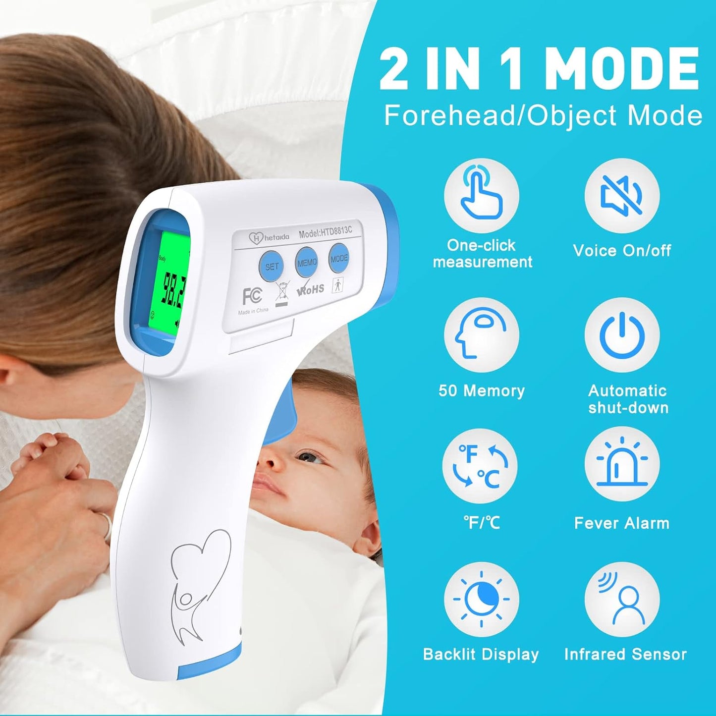 Digital Thermometer for Adults and Kids, No Touch Forehead Thermometer for Baby, 2 in 1 Body Surface Mode Infrared Thermometer with Fever Alarm and Instant...