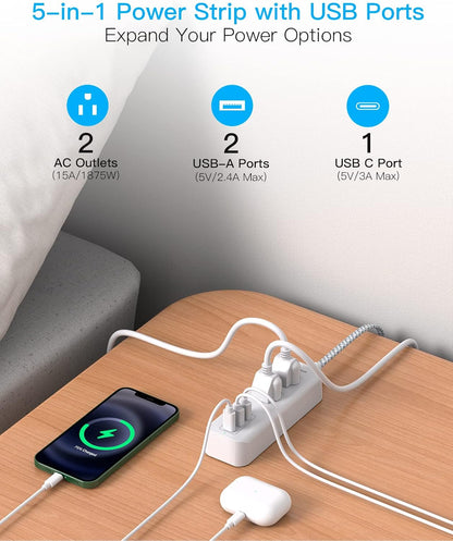 Cruise Essentials, USB C Travel Power Strip, Flat Plug Power Strip with 2 Outlets 3 USB Ports (1 USB C), 5ft Extension Cord Charging Station, Non Surge...