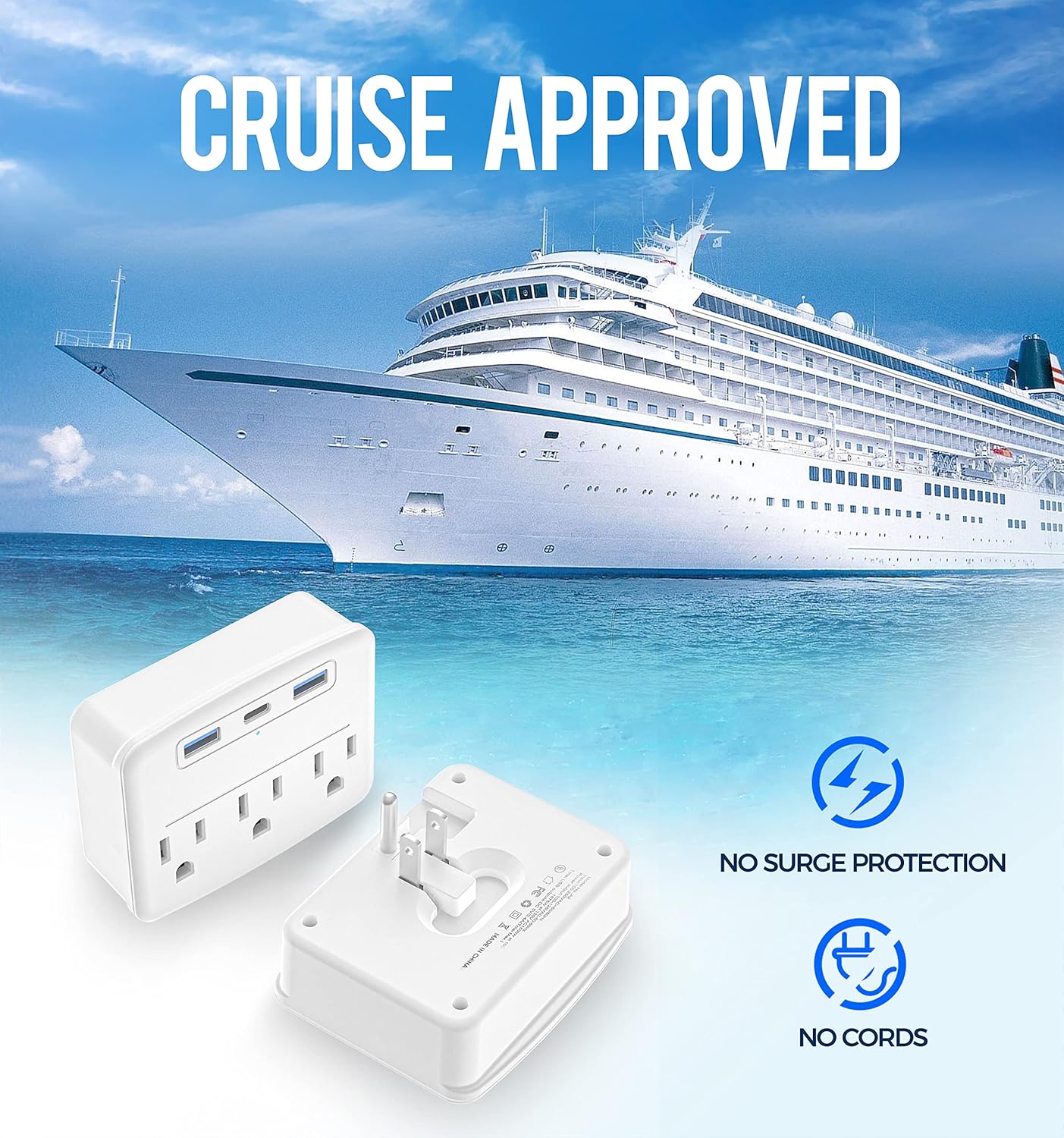 Puveini Cruise Power Strip Foldable Plug Non Surge Protector with USB C Outlets 3.4A Total, Cruise Ship Essentials, 2 Prong to 3 Prong Outlet Adapter, Japan...