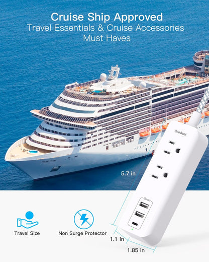 Cruise Essentials, USB C Travel Power Strip, Flat Plug Power Strip with 2 Outlets 3 USB Ports (1 USB C), 5ft Extension Cord Charging Station, Non Surge...