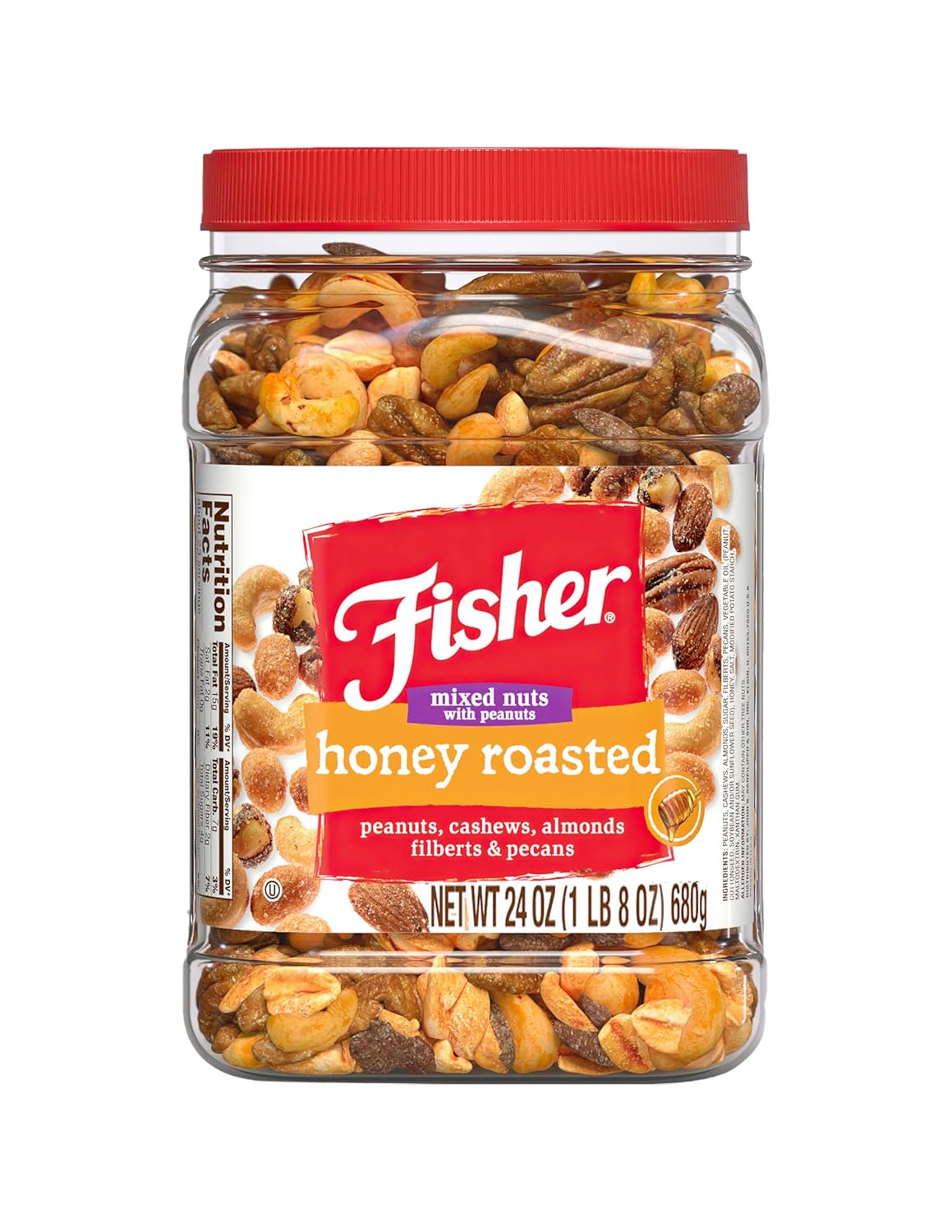 Fisher Snack Honey Roasted Mixed Nuts with Peanuts, 24 Ounces, Peanuts, Cashews, Almonds, Filberts, Pecans