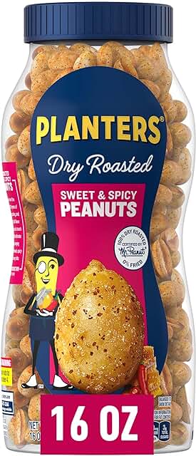 PLANTERS Sweet and Spicy Peanuts, Party Snacks, Plant-Based Protein, After School Snack, Quick Snacks for Adults, Sweet and Salty Snack Nuts, Pantry Staple, Honey Roasted Peanut, Kosher, 16oz Jar